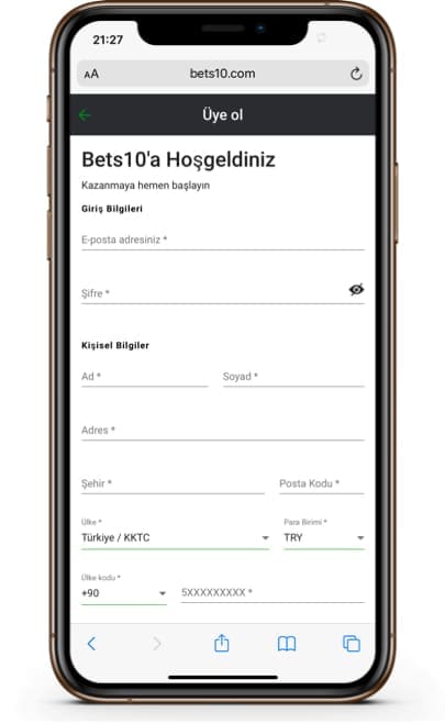 Bets10 Üyelik Ekranı